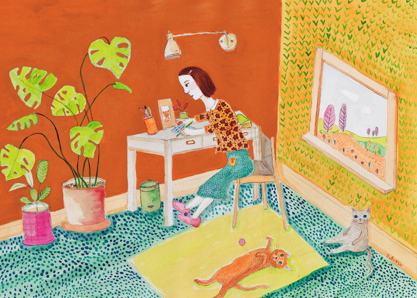 Illustration af katte i interiør