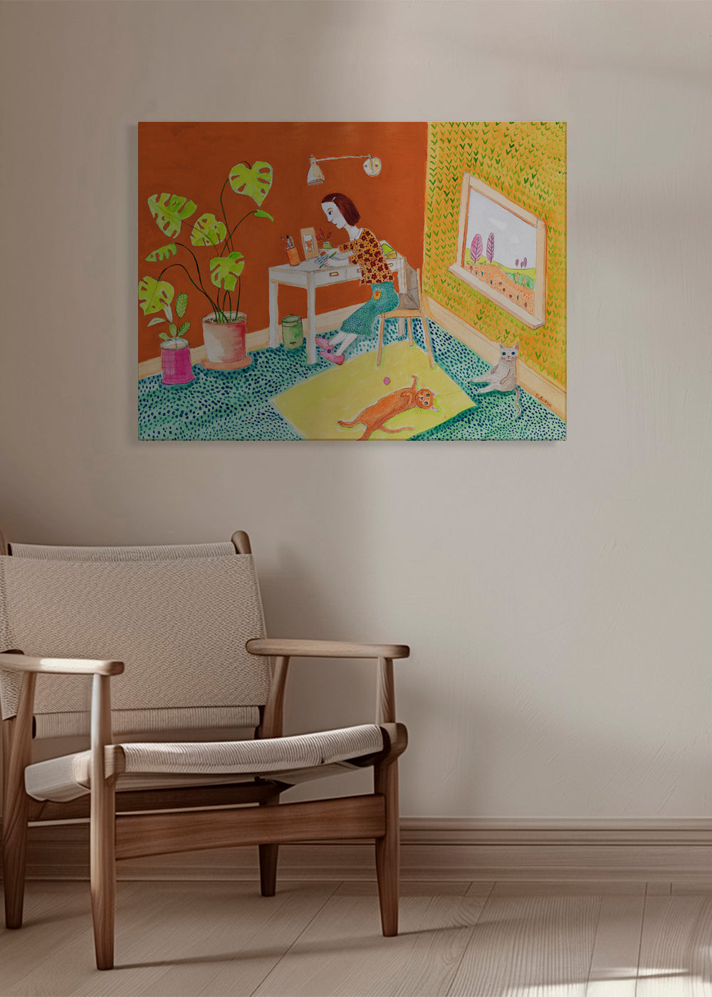 Illustration af katte i interiør