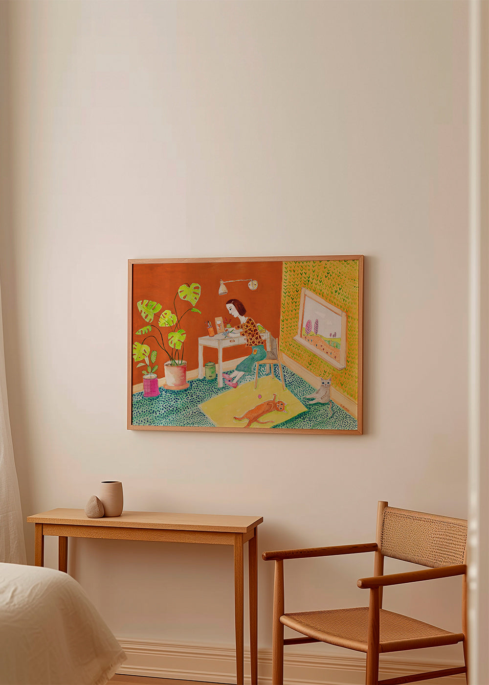 Illustration af katte i interiør
