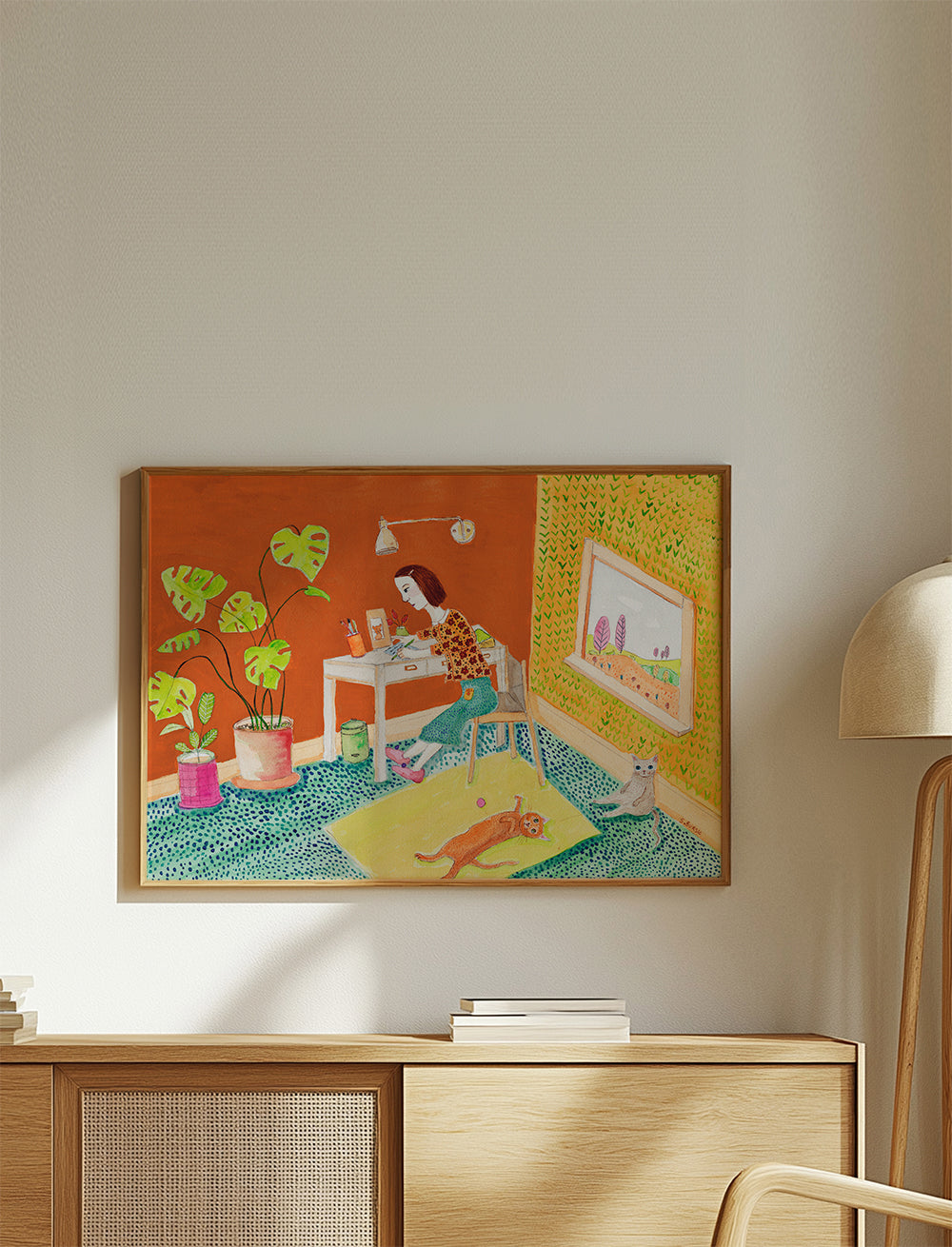 Illustration af katte i interiør