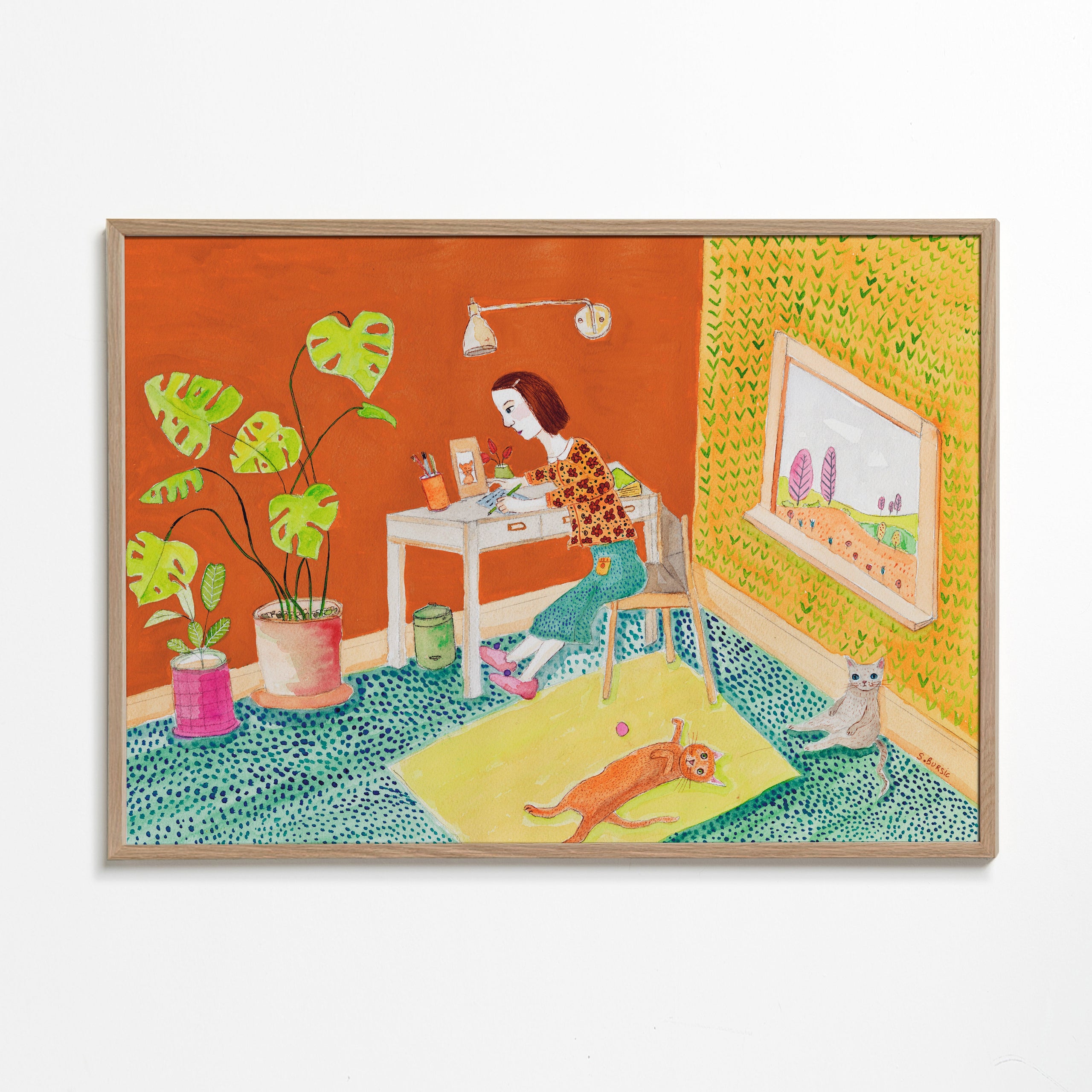 Illustration af katte i interiør