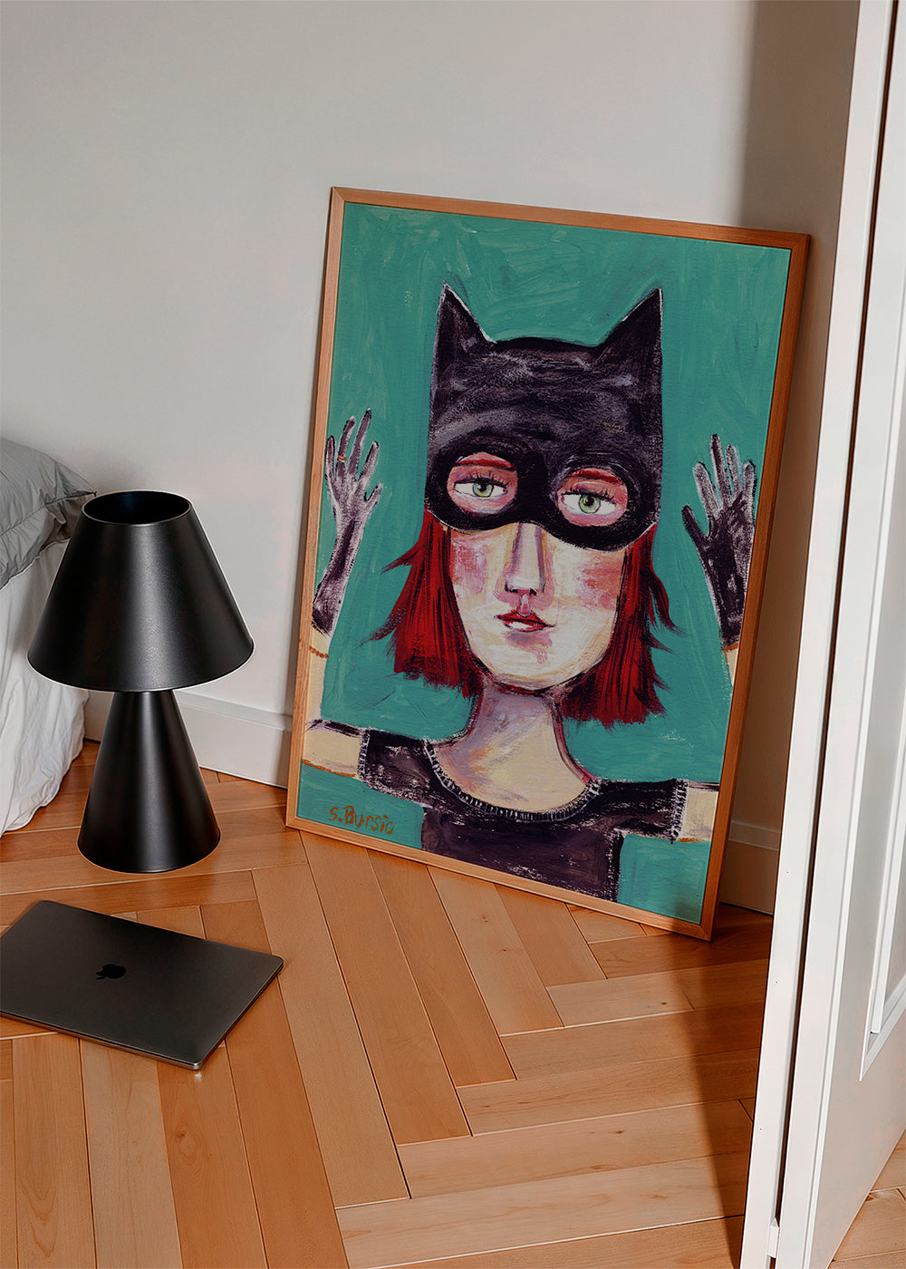 Illustreret kattekvinde-portræt med maske