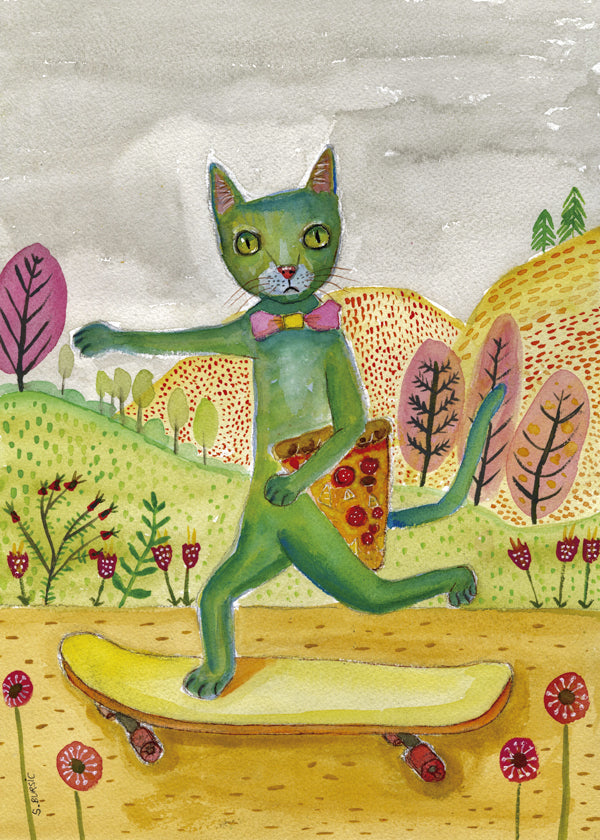 Billede af kat med pizza på skateboard
