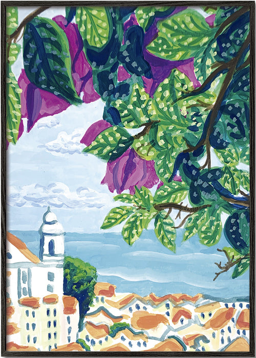 Byplakat Lissabon med bougainvillea og orange tage