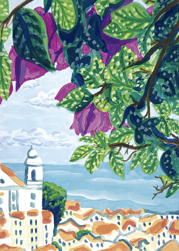 Byplakat Lissabon med bougainvillea og orange tage