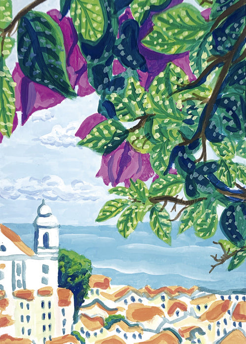 Byplakat Lissabon med bougainvillea og orange tage