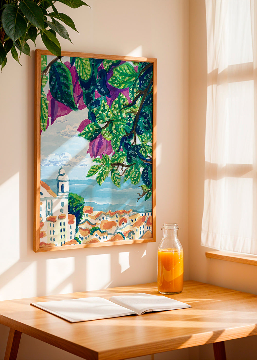 Byplakat Lissabon med bougainvillea og orange tage