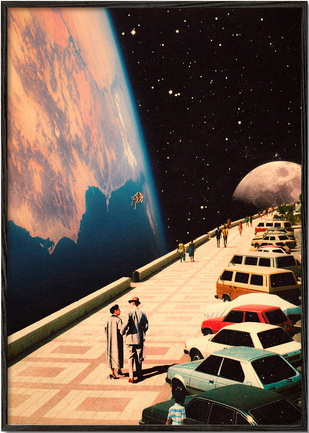 Vintage plakat rum-promenade med retro-biler