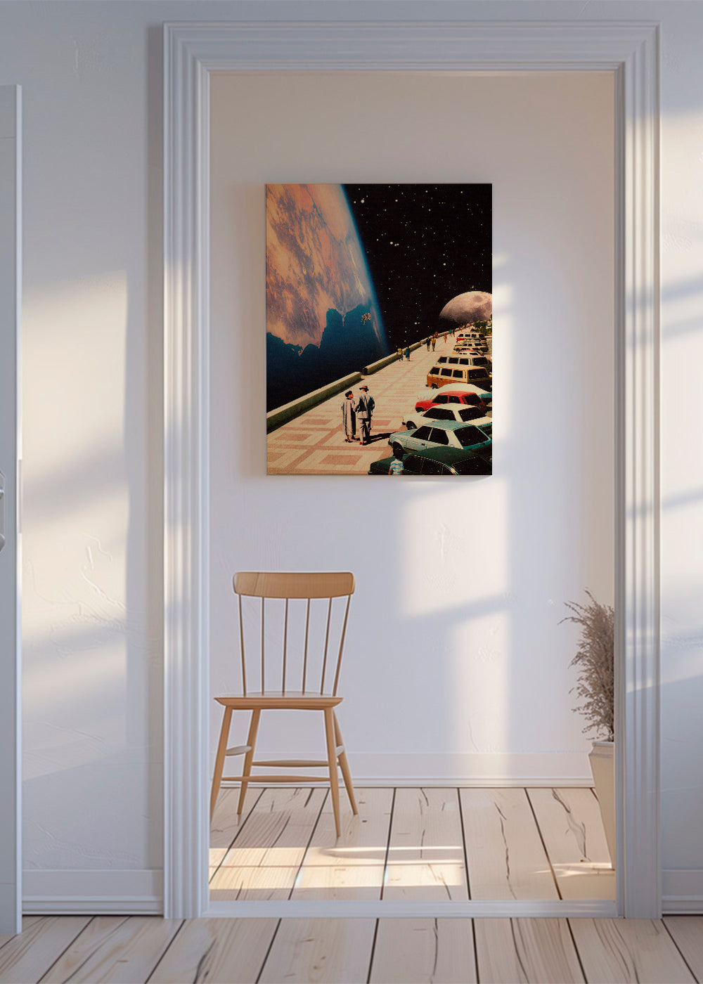 Vintage plakat rum-promenade med retro-biler