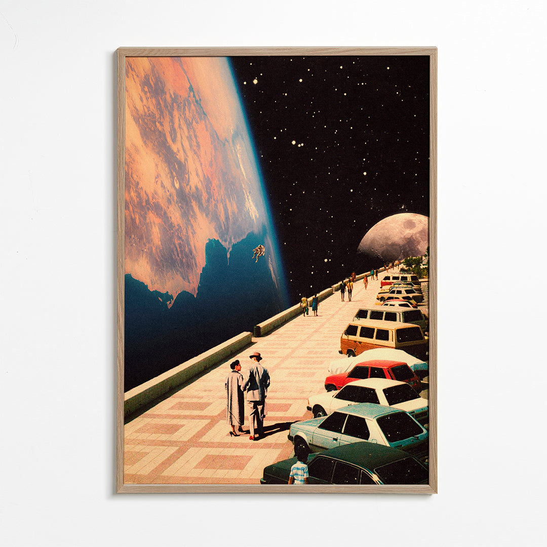 Vintage plakat rum-promenade med retro-biler