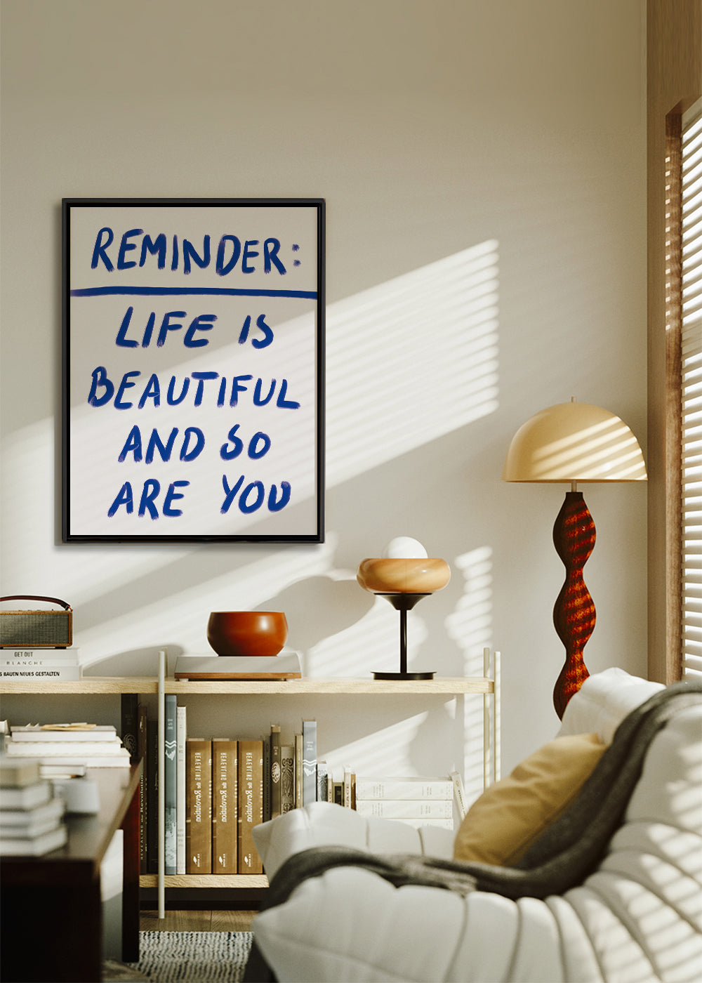 Typografisk illustration „Reminder“ i blå