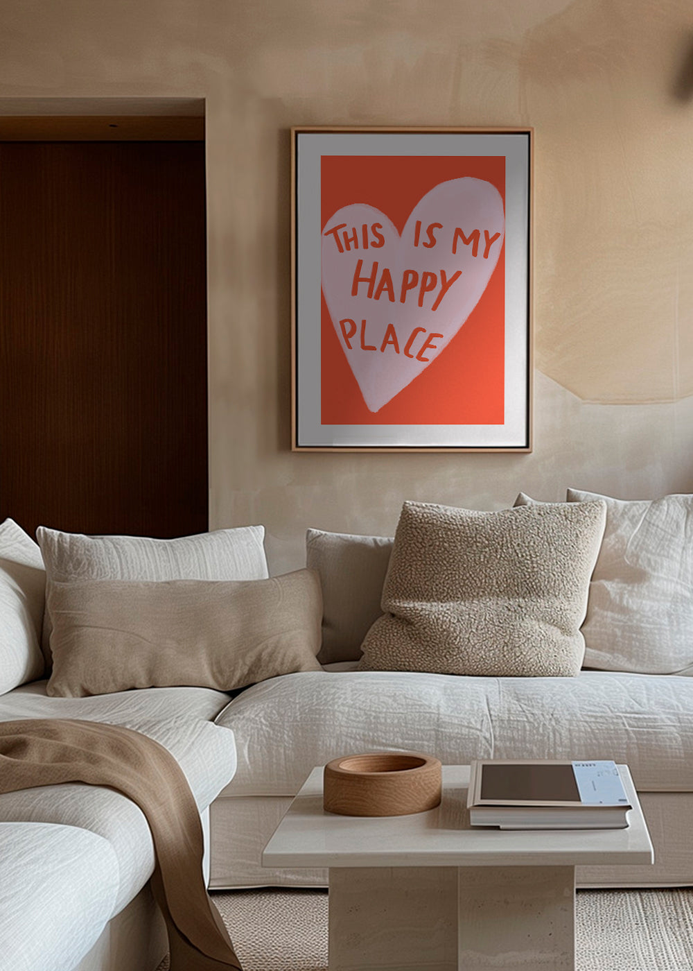 Hjerteillustration 'Happy Place' på koralbaggrund