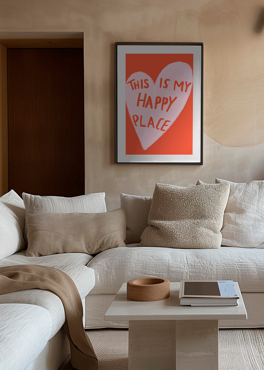 Hjerteillustration 'Happy Place' på koralbaggrund