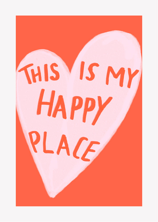 Hjerteillustration 'Happy Place' på koralbaggrund