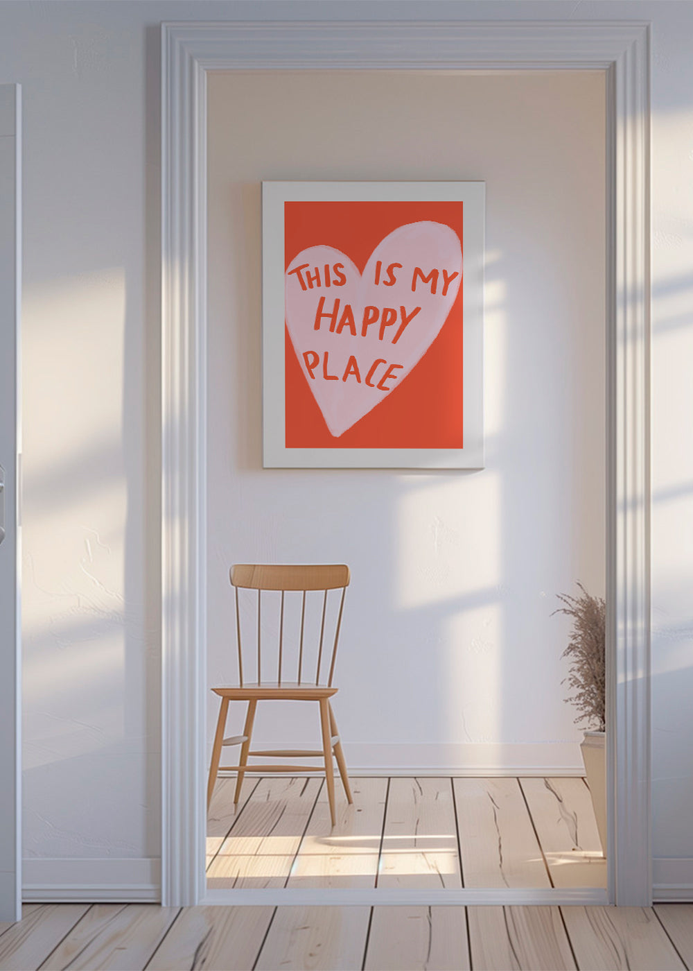 Hjerteillustration 'Happy Place' på koralbaggrund