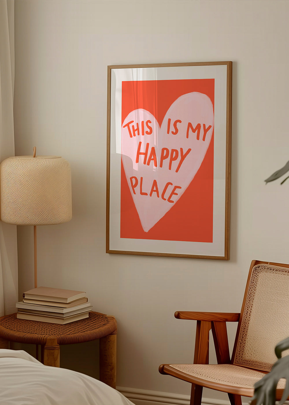 Hjerteillustration 'Happy Place' på koralbaggrund