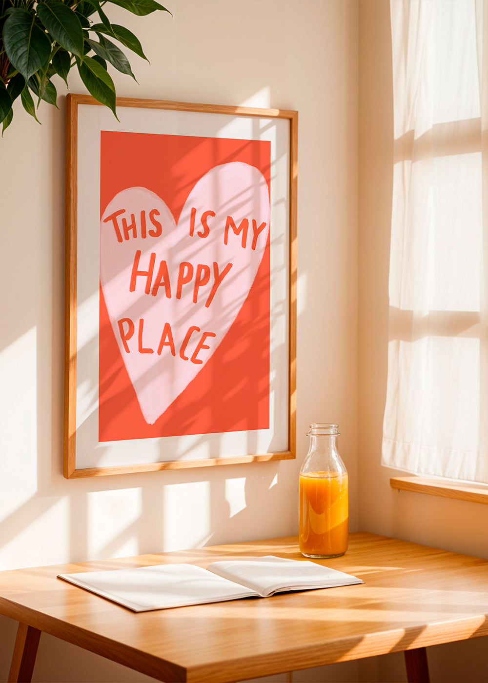 Hjerteillustration 'Happy Place' på koralbaggrund