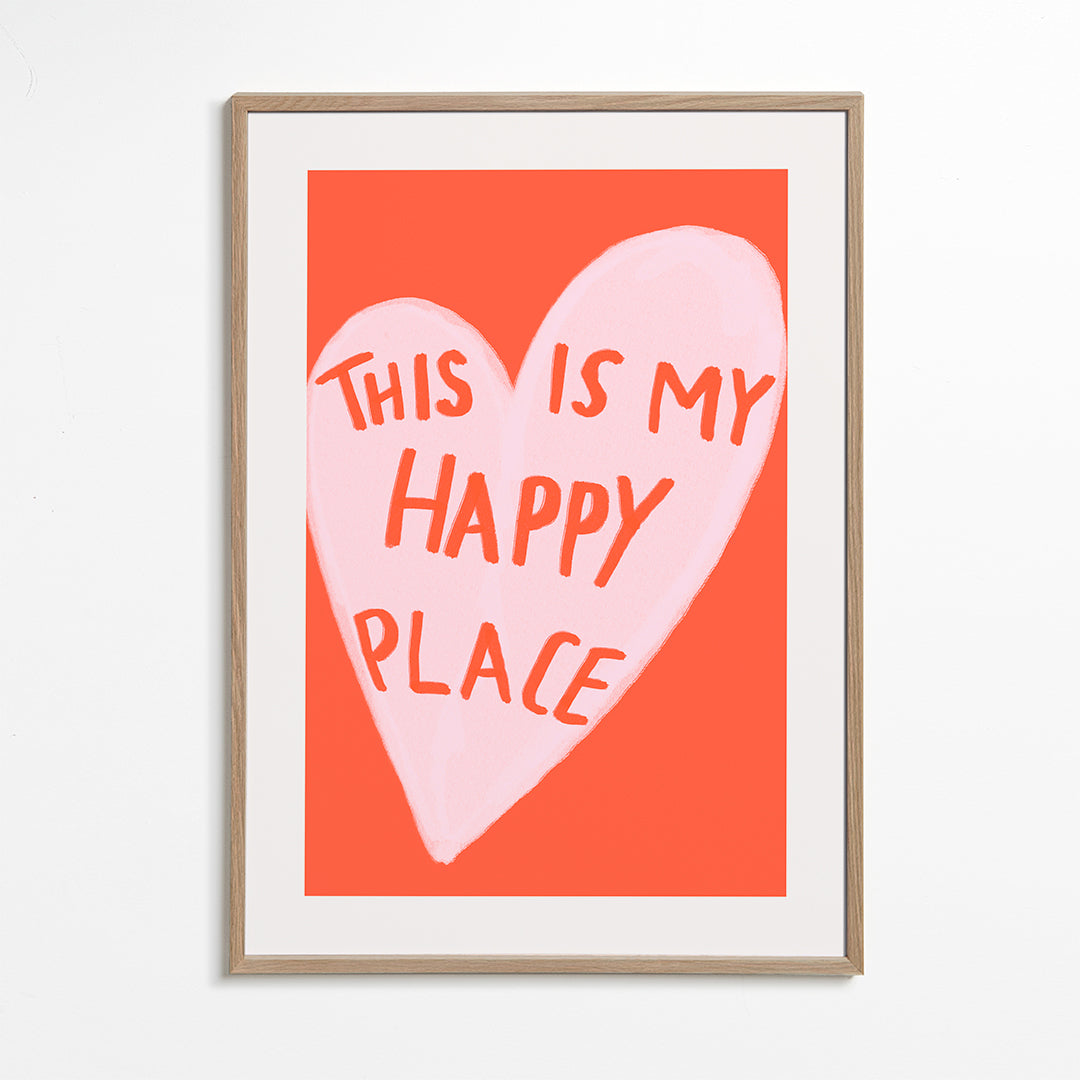 Hjerteillustration 'Happy Place' på koralbaggrund