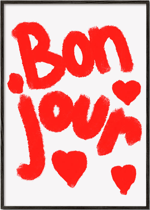 Illustration 'Bonjour' med røde hjerter