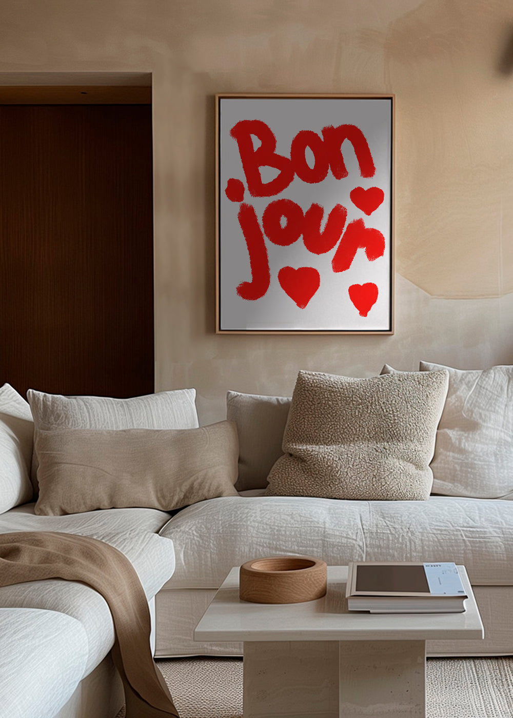 Illustration 'Bonjour' med røde hjerter