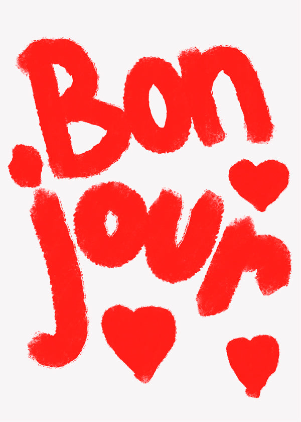 Illustration 'Bonjour' med røde hjerter