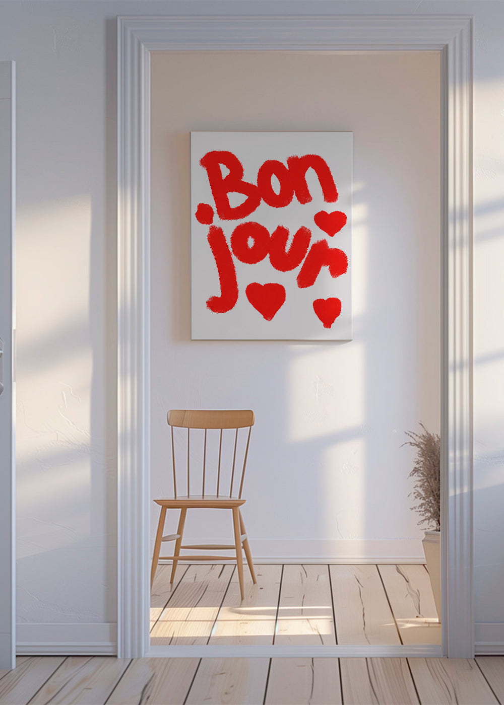 Illustration 'Bonjour' med røde hjerter