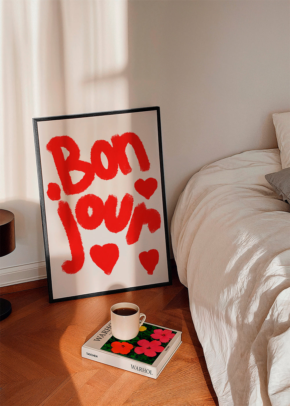 Illustration 'Bonjour' med røde hjerter