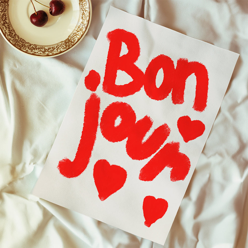 Illustration 'Bonjour' med røde hjerter
