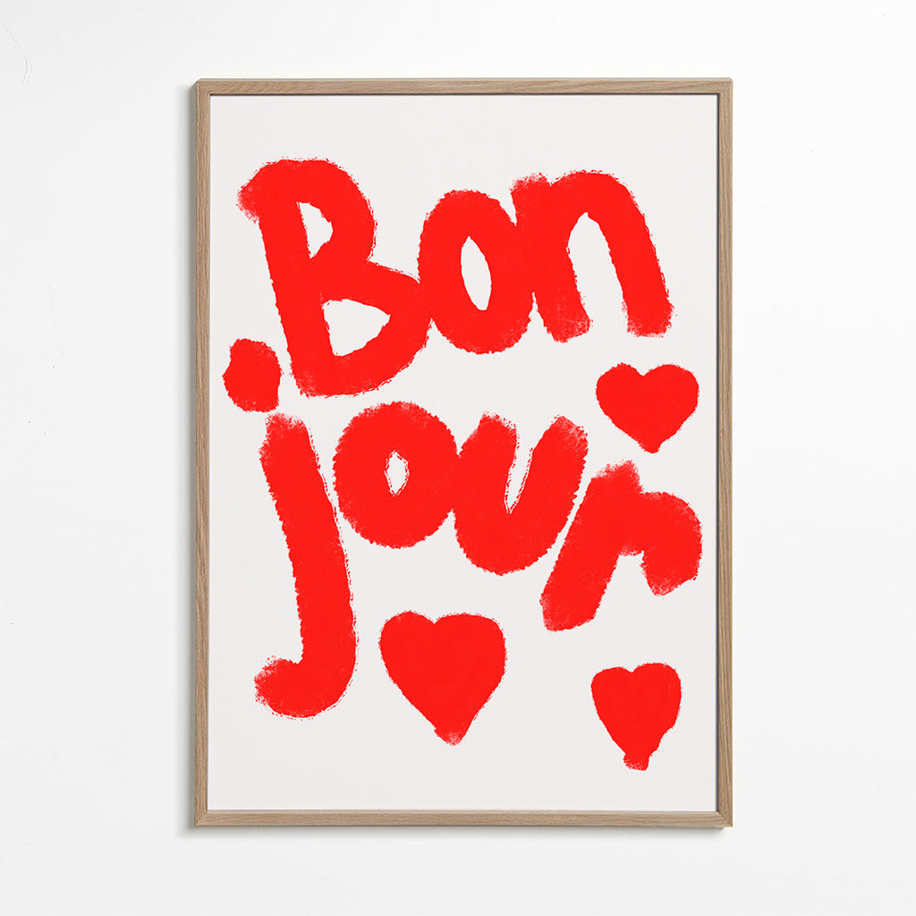 Illustration 'Bonjour' med røde hjerter