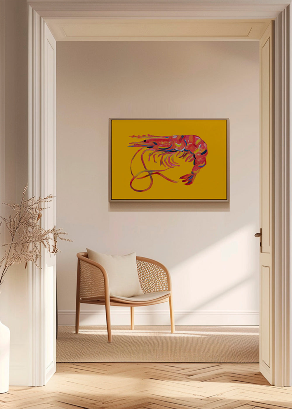 Køkkenkunst rejeillustration på gul