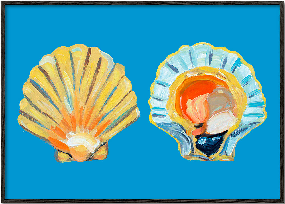 Illustration af muslinger på blå baggrund
