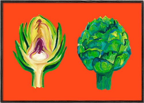 Køkkenkunst med artiskokker på orange baggrund