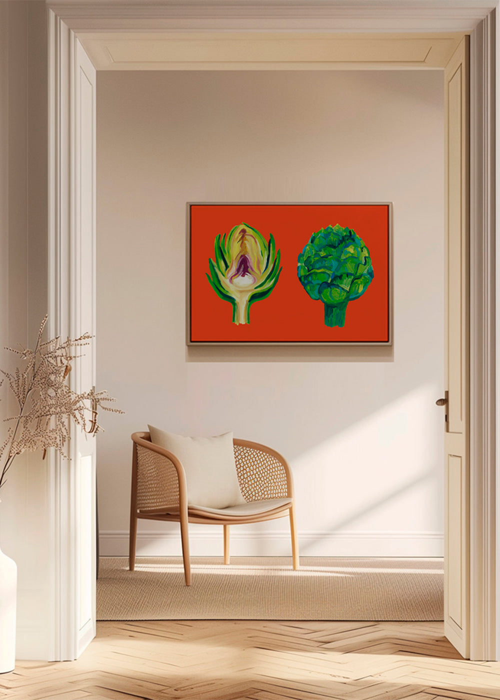 Køkkenkunst med artiskokker på orange baggrund