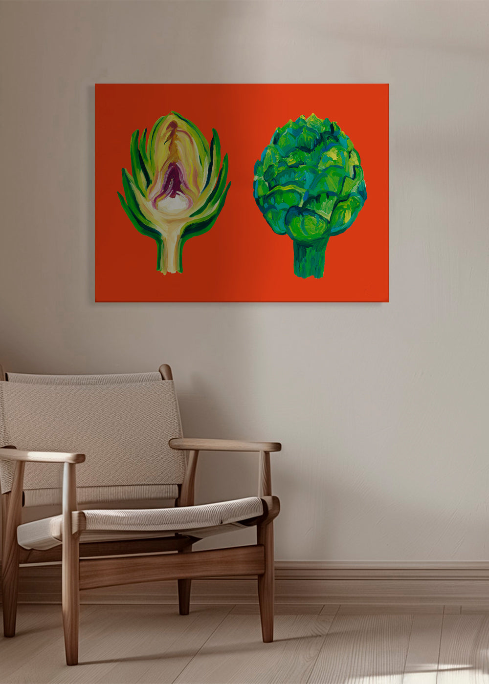 Køkkenkunst med artiskokker på orange baggrund
