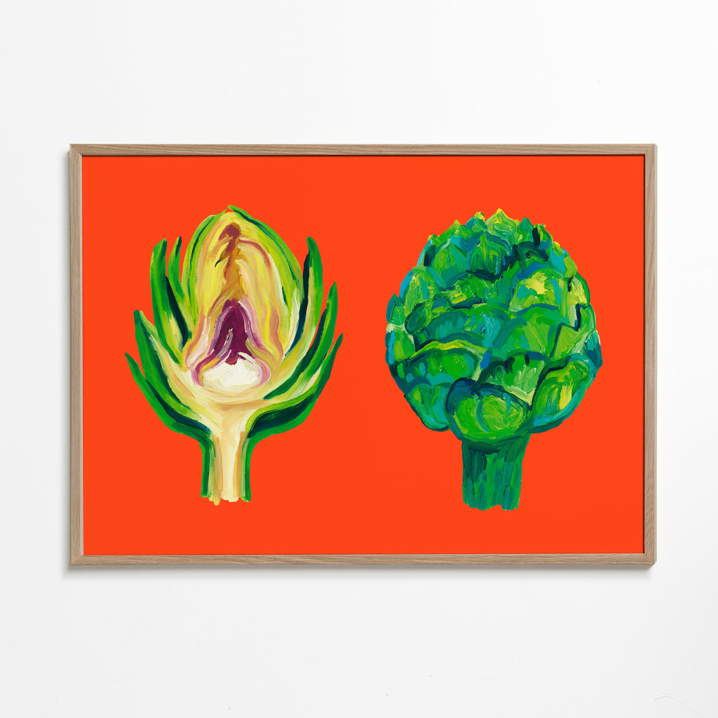 Køkkenkunst med artiskokker på orange baggrund