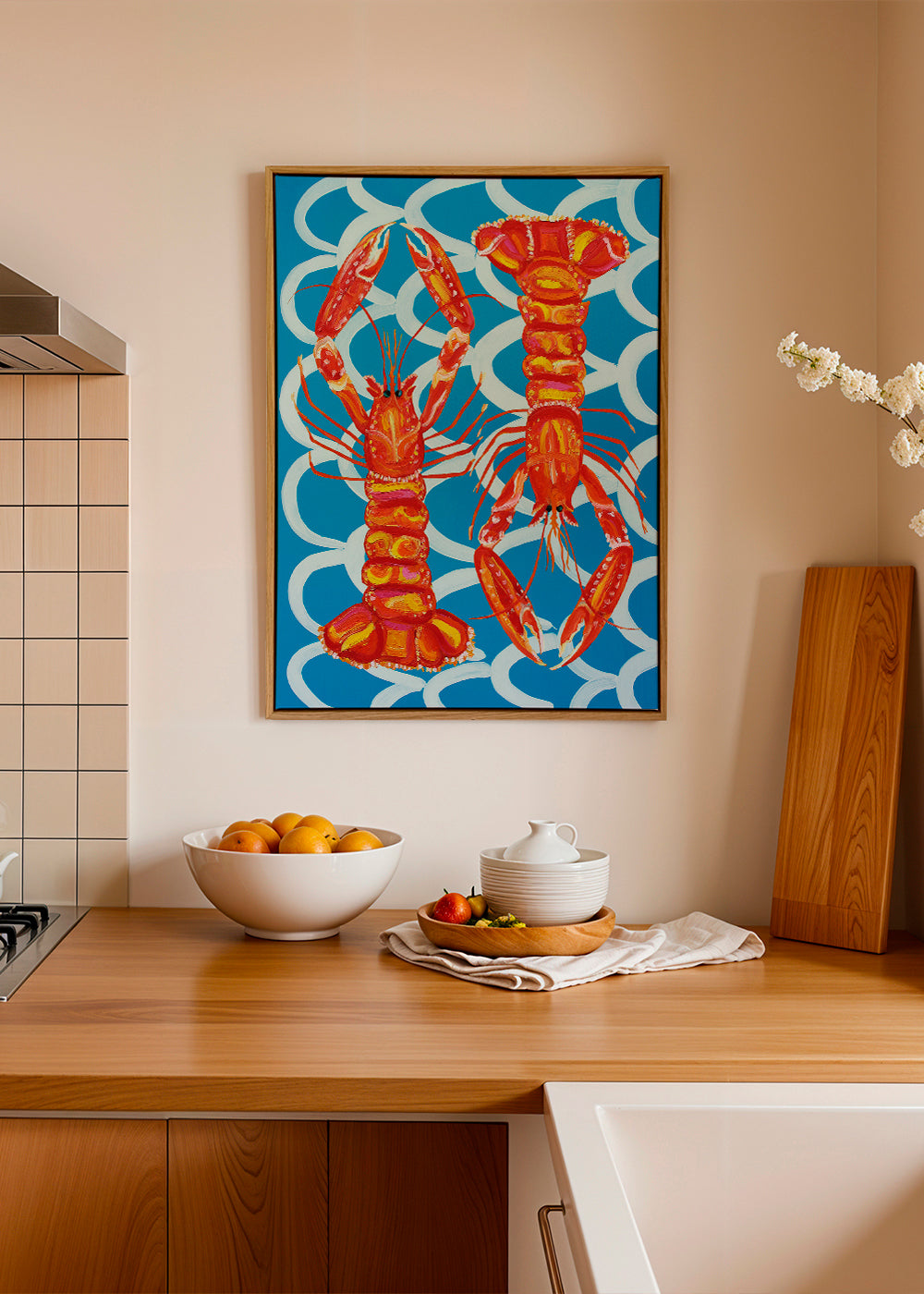 Køkkenkunst med hummere på blå