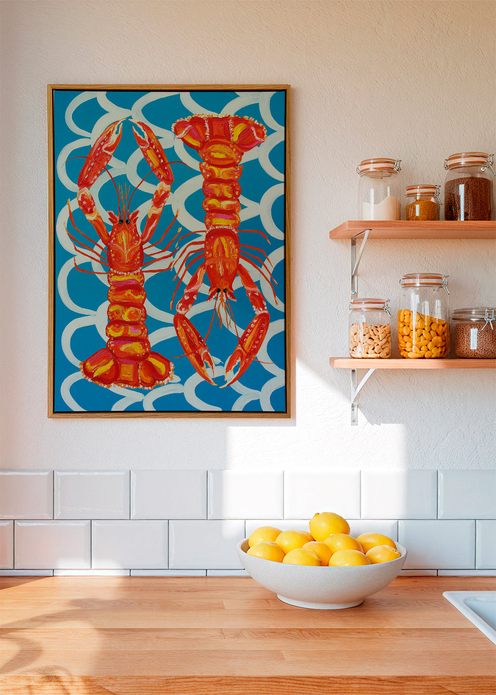 Køkkenkunst med hummere på blå