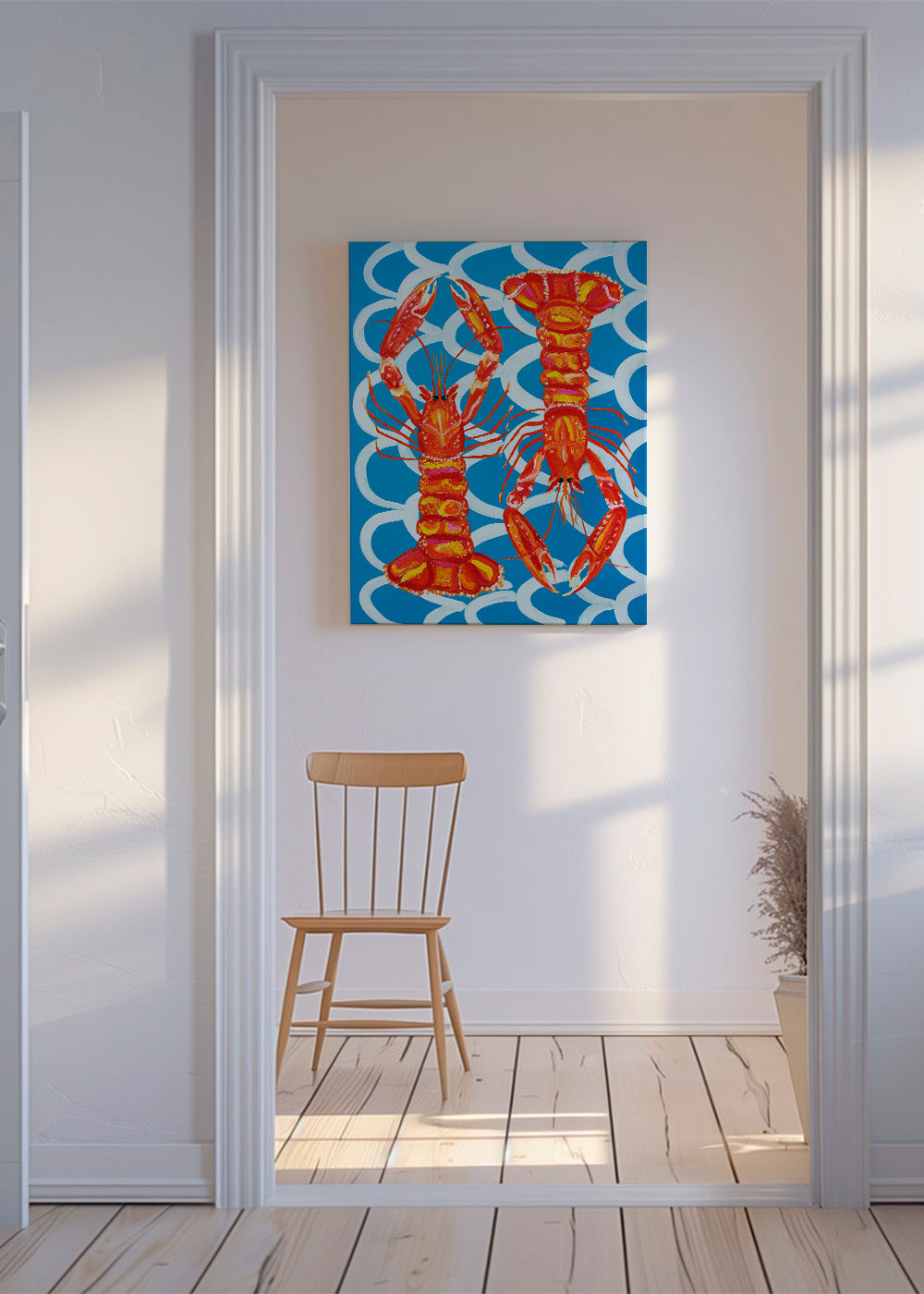 Køkkenkunst med hummere på blå