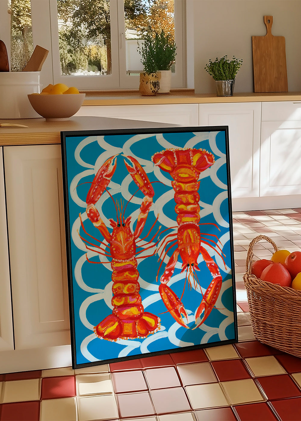 Køkkenkunst med hummere på blå