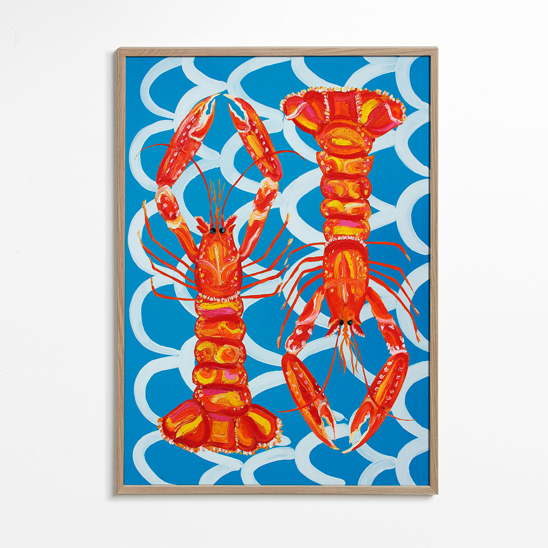 Køkkenkunst med hummere på blå