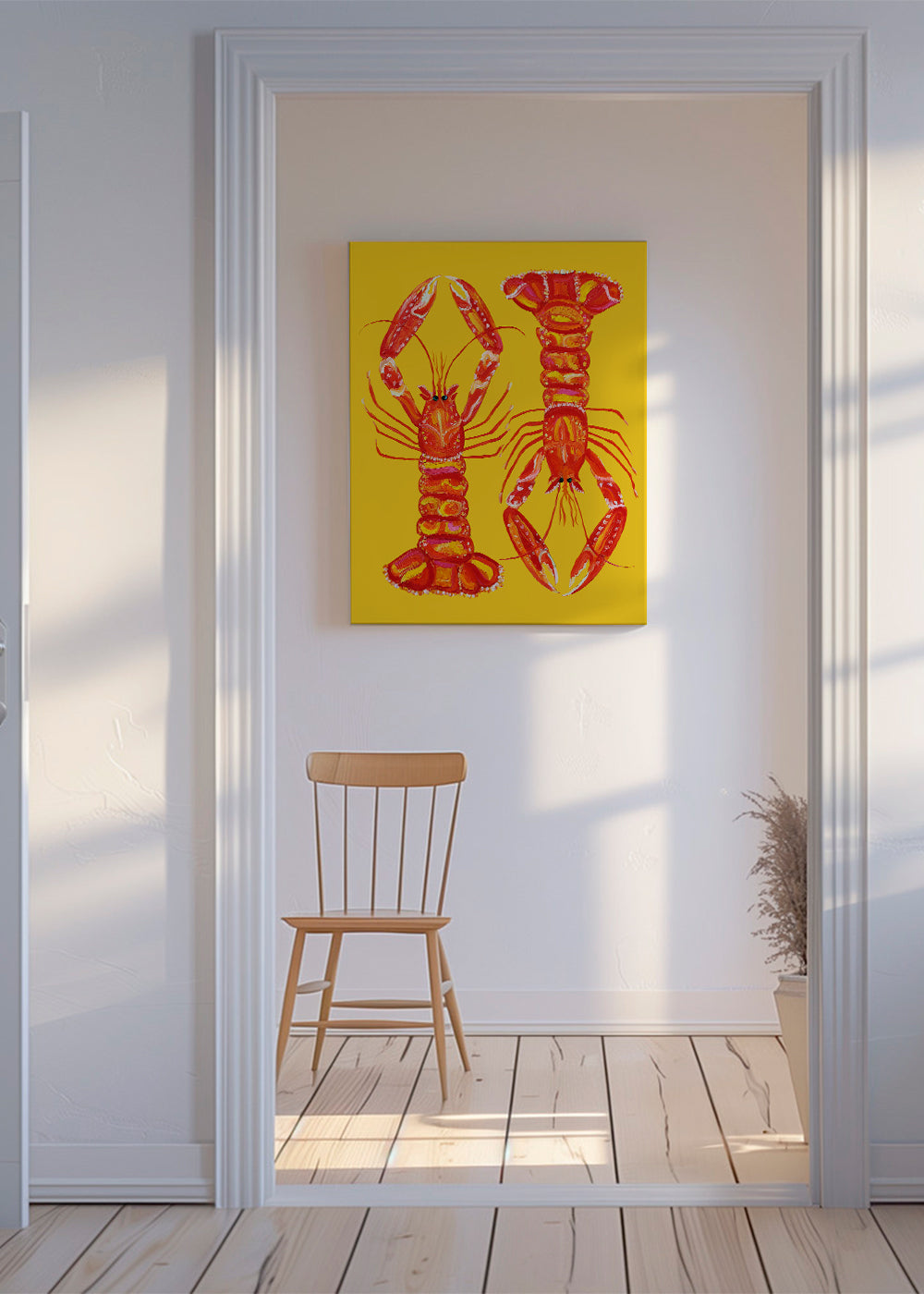Køkkenkunst med røde hummere på gul baggrund
