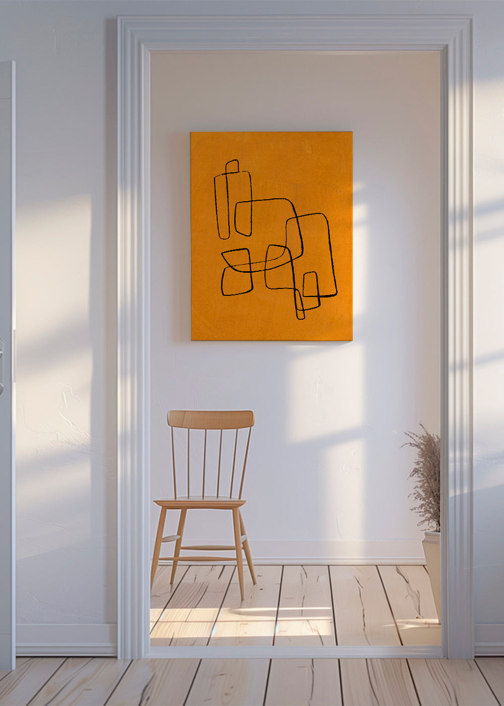 Abstrakt billede sort streg på orange flade