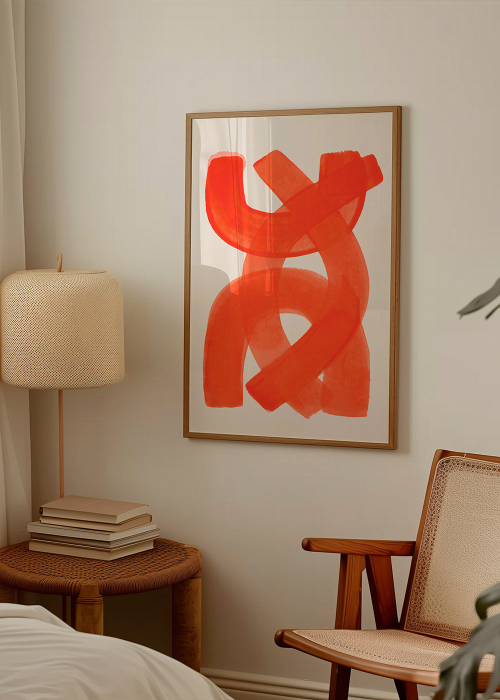 Abstrakt værk med orange penselstrøg