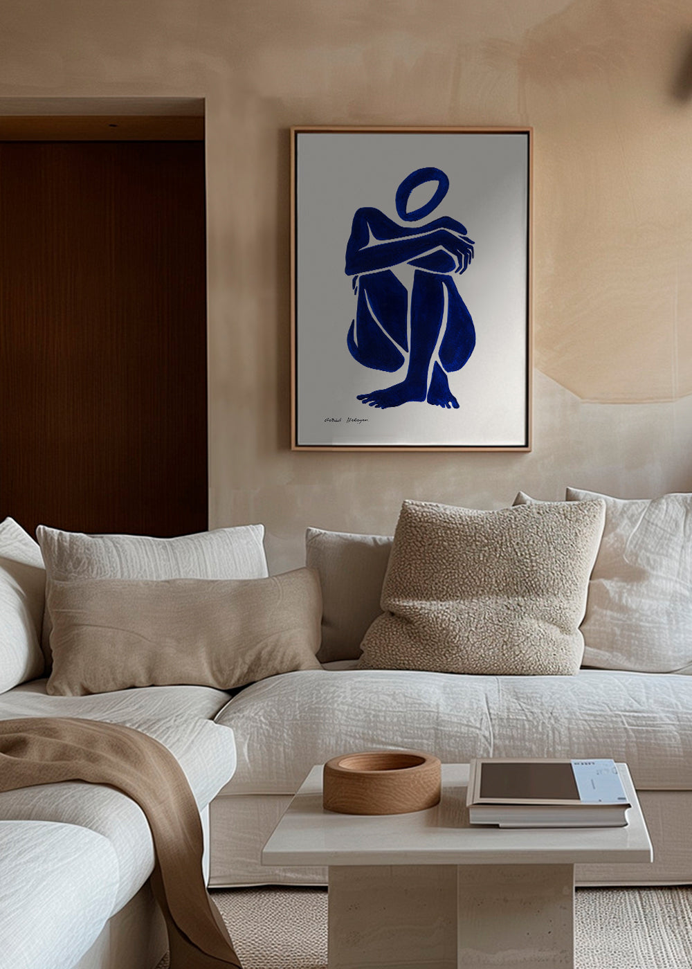 Abstrakt kunst med siddende blå figur