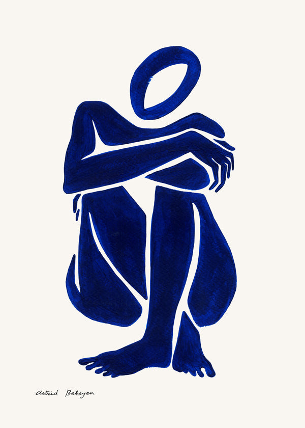Abstrakt kunst med siddende blå figur