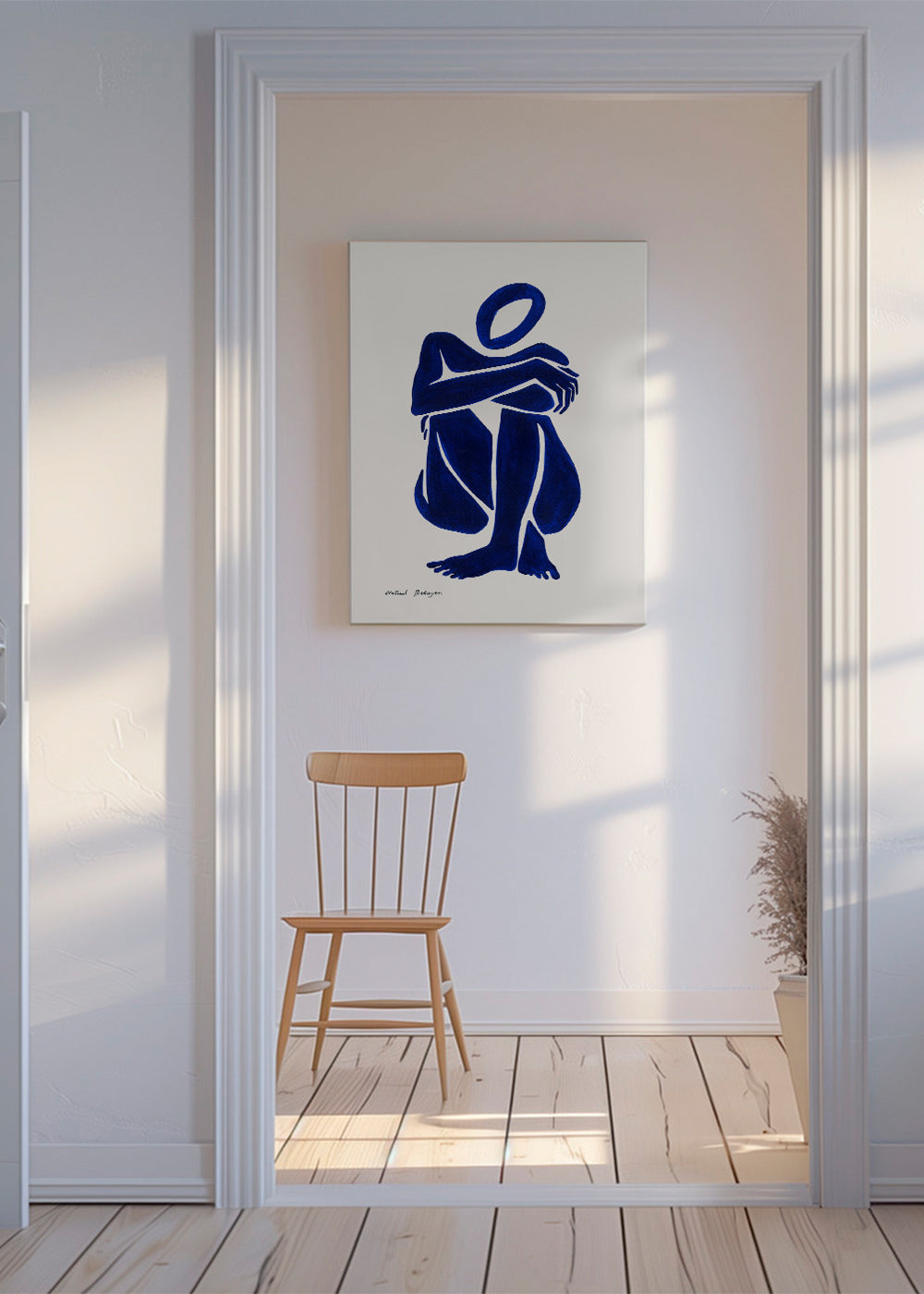 Abstrakt kunst med siddende blå figur