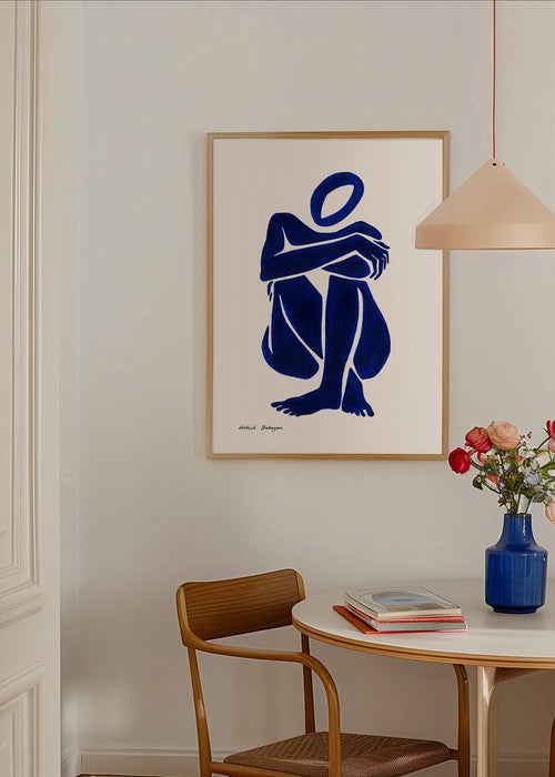 Abstrakt kunst med siddende blå figur