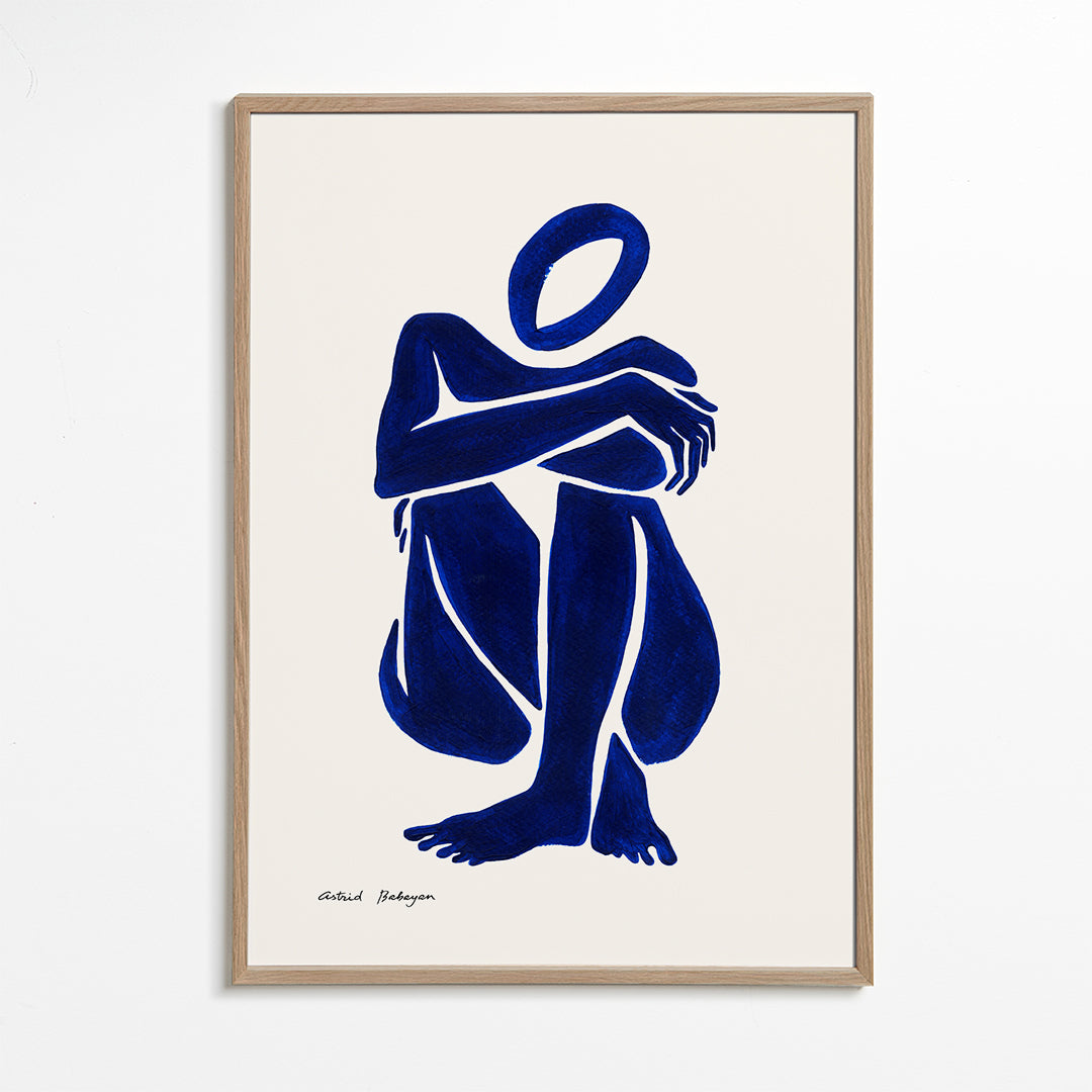 Abstrakt kunst med siddende blå figur