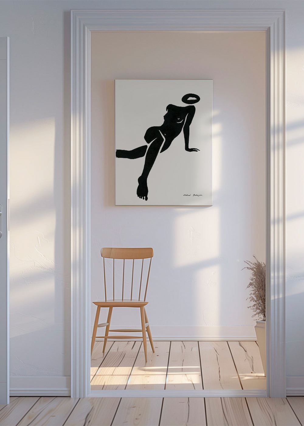 Sort-hvid kunst med liggende kvindesilhuet
