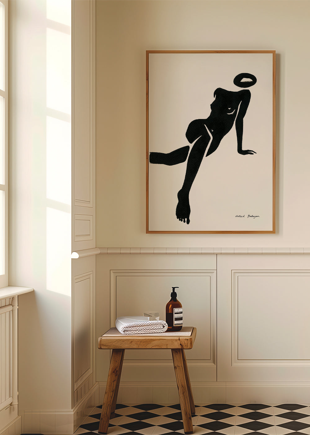 Sort-hvid kunst med liggende kvindesilhuet